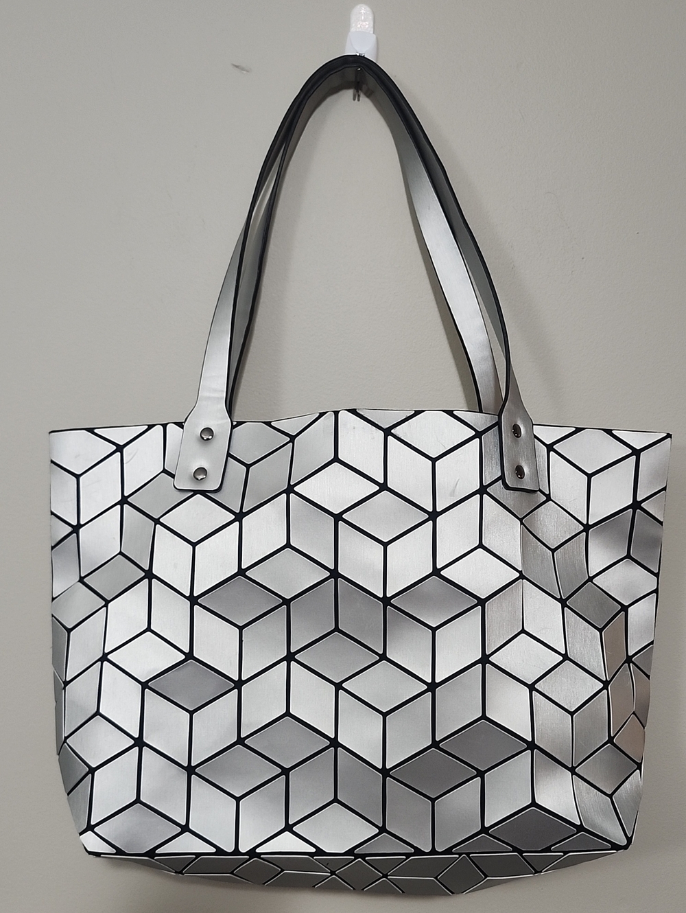Emilio Pepe Matte Silver Geometric 3D Cube Tote Bag Holographic Furturistic Spac